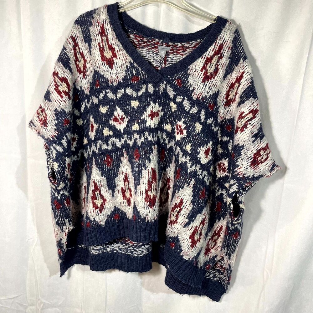 Aerie Fair Isle Knit Poncho Sweater Navy Red White Oversized V-Neck